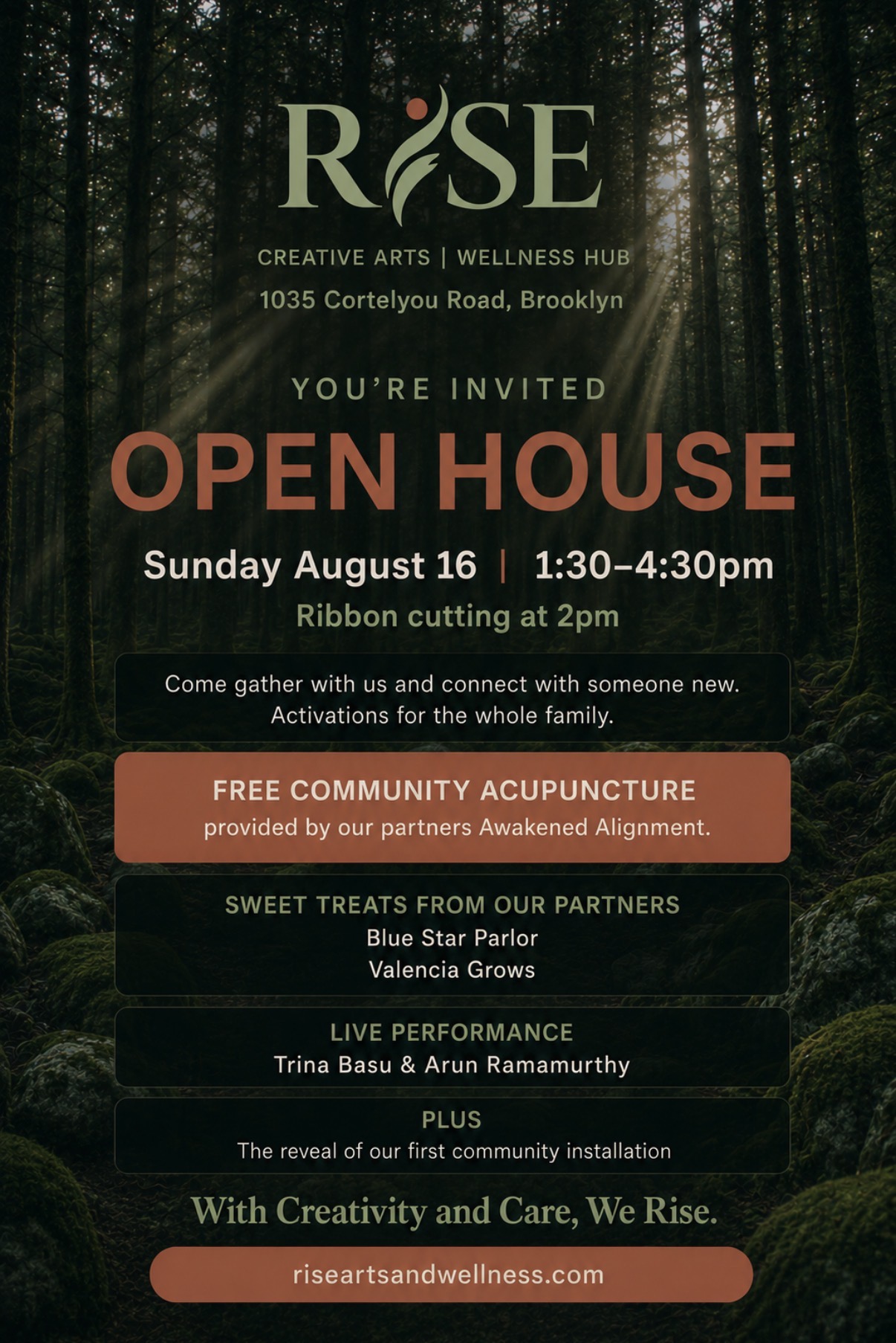 RISE Open House invitation, Sunday August 16, 1:30 to 4:30pm, ribbon cutting at 2pm, at 1035 Cortelyou Road, Brooklyn